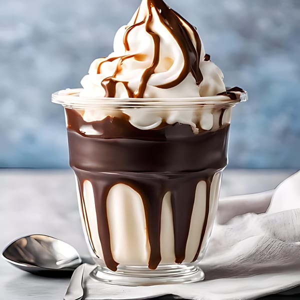 A Sabor Ice Cream sundae with vanilla soft serve, chocolate syrup, and a spoon on the side.