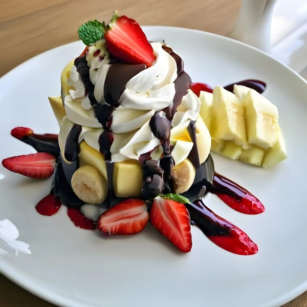 A Sabor Ice Cream dessert with whipped cream, chocolate syrup, strawberries, and bananas on a white plate.