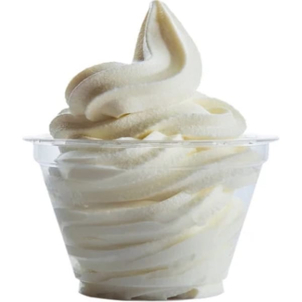 A clear plastic cup filled with a swirl of white soft-serve ice cream from Sabor Ice Cream.